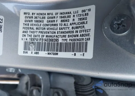 2010 Honda Civic Lx from USA, damaged, VIN 19XFA1F51AE068395